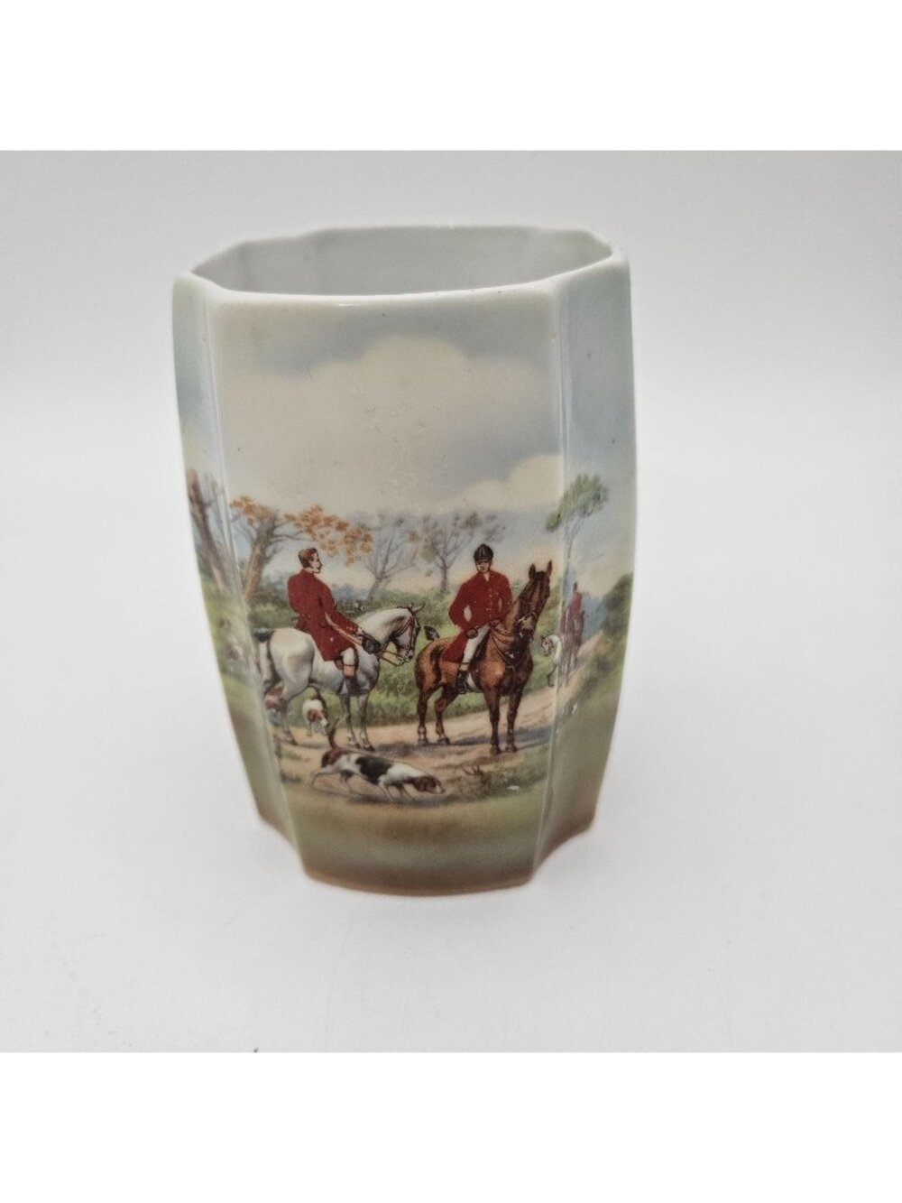 Vintage Germany Porcelain Vase 4.5" Hunting Scene Horses Dogs
